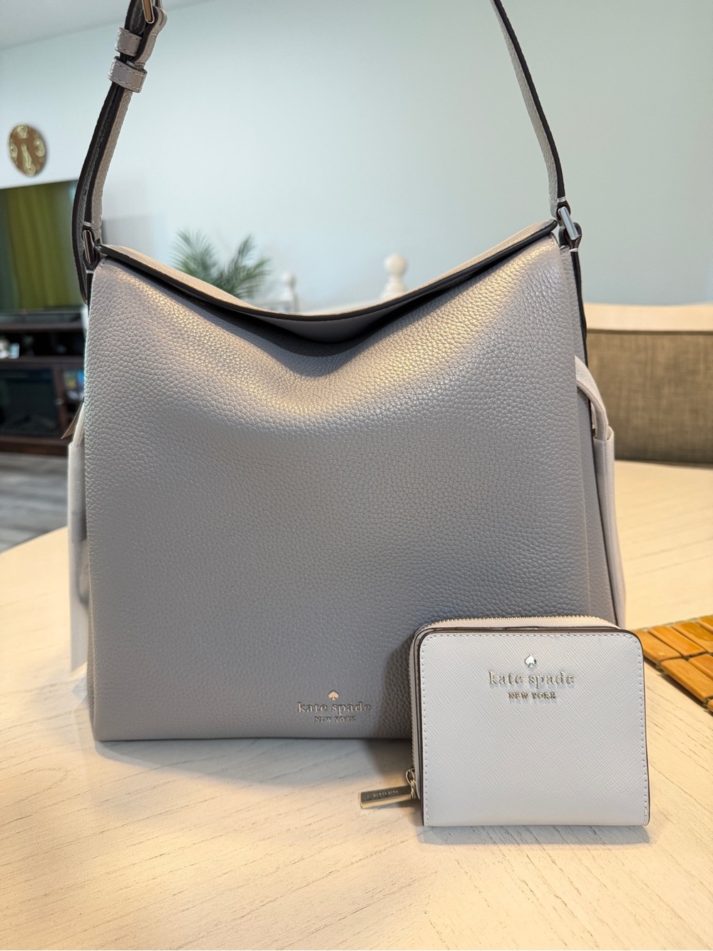 kate spade Gray Pebbled Leather Hobo Bag with free Matching Wallet- NWT
